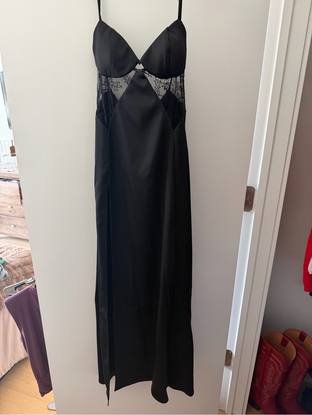 REVOLVE Black Satin Maxi Slip Dress with Lace Insets
